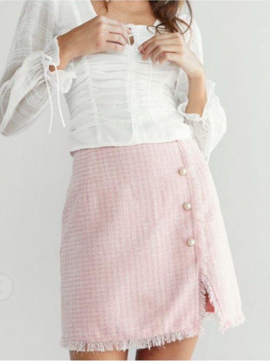 Blue Rain Dresses & Skirts - Francesca's Blue Rain Faux-Wrap Pink Plaid Tweed Mini Skirt